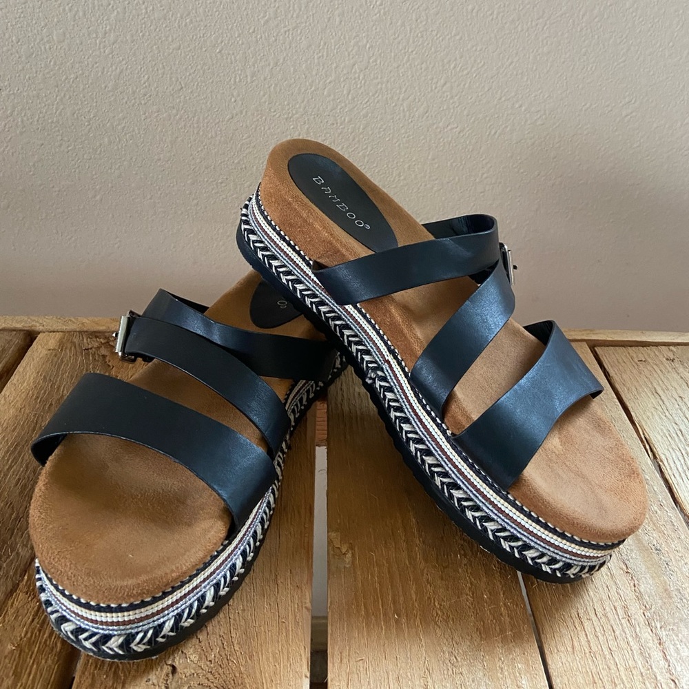 Bamboo Platform Sandals with Tan Footbed and Black Straps